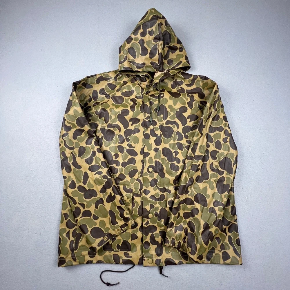 Unbranded Rain Jacket Mens XL Green Camo Duck Hunter Vintage Hooded Slicker Coat